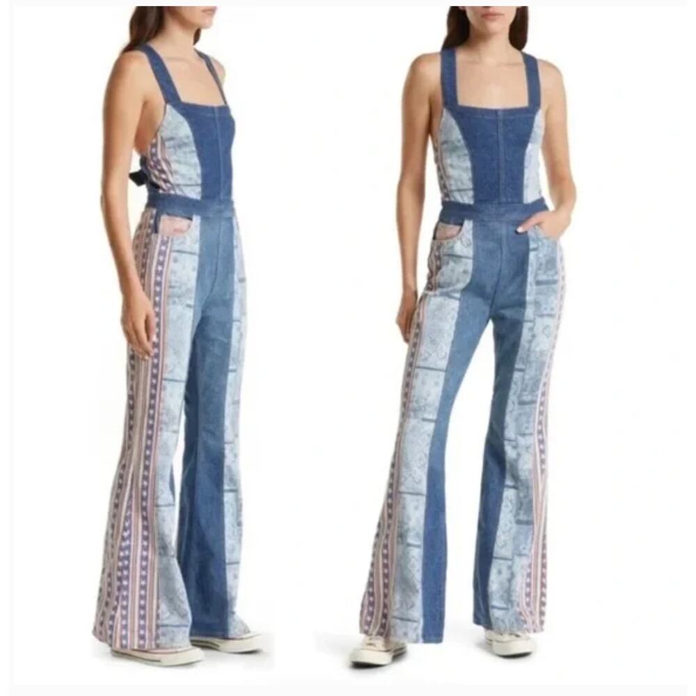 Free People Blue and White Patchwork Jumpsuit